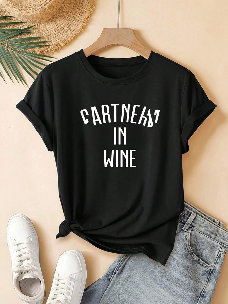 Women's T-Shirt, Regular Fit, Short Sleeves - Cattelan 2D Geometric Design With Red Wine Print, Modern And Casual Style. Urban Style | Youthful Design | Comfortable And Well-Fitting Clothing - 黑色 - 查看 1
