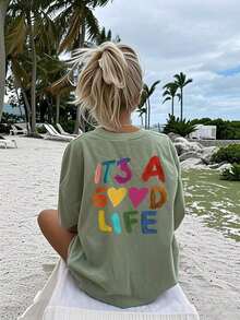 Women's Short-Sleeved T-Shirt With A Round Neck And Colorful Slogan Print, A New Summer Style Suitable For Everyday Wear. Vacation Graphic T-Shirt For Women, White Top For Women - 綠色 - 查看 6