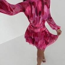 Vestido de manga larga ajustado con silueta de paraguas para mujer, nuevo para otoño/invierno, para uso casual/citas/salidas/maestras, vestido romántico con estampado de teñido anudado en púrpura y cuello alto con lazo en la cintura - Rosa vieja - Ver 7