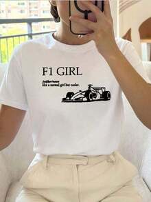 Women's Short-Sleeved T-Shirt With F1 Racing Car Print, Round Neck, Casual, Summer Top, Breathable And Comfortable. - 白色 - 查看 1