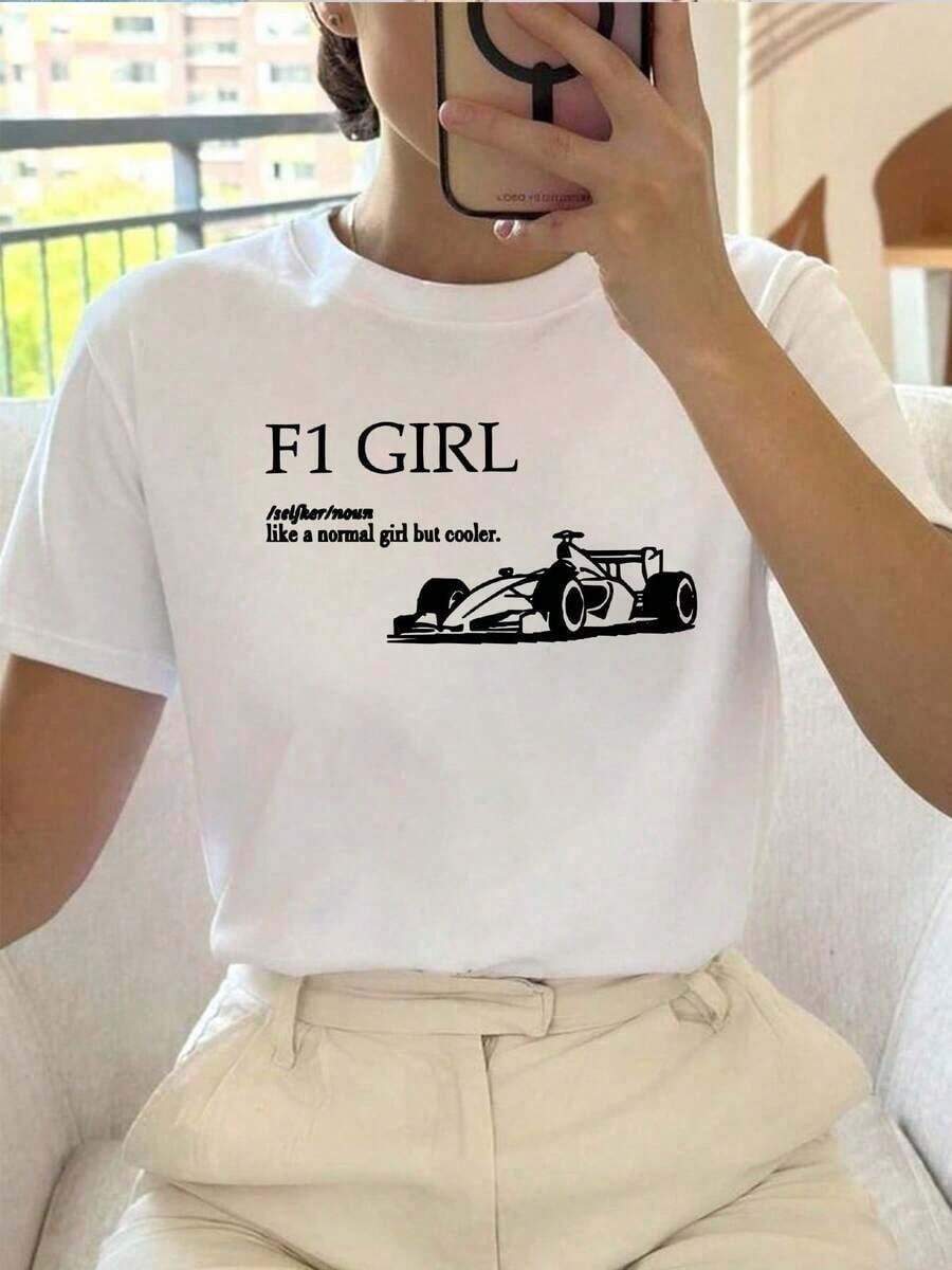 Women's Short-Sleeved T-Shirt With F1 Racing Car Print, Round Neck, Casual, Summer Top, Breathable And Comfortable. - 白色 - 查看 1