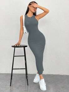 PETITE Vestido Para Mujer De Cuello Redondo Sin Mangas - Gris - Ver 3