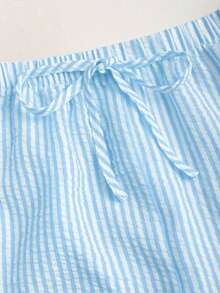 Conjunto de top halter con espalda descubierta y pantalones rectos de pierna ancha con textura y rayas, adecuado para primavera y verano, ideal para viajes y vacaciones - Azul - Ver 6