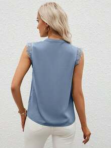 Clasi Camisa de mujer sin mangas de unicolor con cuello en V elegante y parche de encaje, verano - Niebla azul - Ver 2