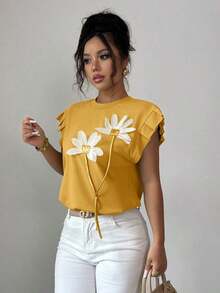 Camiseta de mujer con flores tridimensionales lindas y contrastantes para verano y otoño - Amarillo - Ver 6