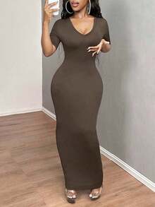 Vestido ajustado corto de manga corta con cuello en V liso para baile de graduación - Cafetería - Ver 8