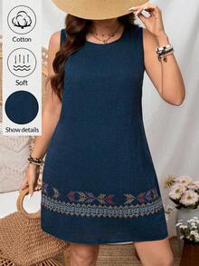 Vestido casual sin mangas de cuello redondo con decoración bordada, talla grande, perfecto para vacaciones - Azul marino - Ver 8