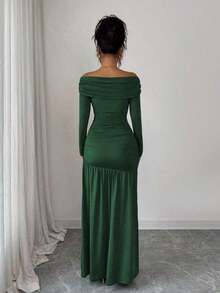 Vestido de punto ajustado de manga larga con hombros descubiertos, elegante y vintage, adecuado para otoño/invierno, Halloween - Verde - Ver 2