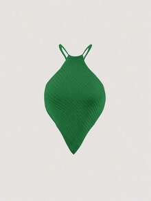 Blusa de punto de mujer de verano con cuello halter, dobladillo asimétrico y unicolor - Verde militar - Ver 1