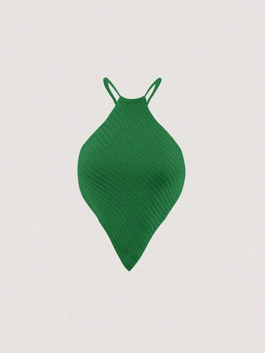 Blusa de punto de mujer de verano con cuello halter, dobladillo asimétrico y unicolor - Verde militar - Ver 1