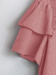 Linhara Blusa casual de verano de talla grande para mujer, de unicolor, cuello redondo, manga corta de doble capa, plisada, de moda versátil para vacaciones - Rosa - Ver 3
