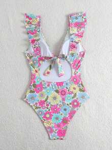 Swim Vcay Traje de baño de una pieza con volantes y lazo con estampado floral diminuto para mujer, traje de baño de una pieza para verano y vacaciones en la playa - Multicolor - Ver 8