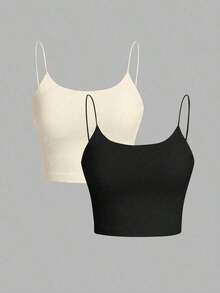 Camiseta de tirantes finos de un solo color simple, uso casual de todos los días para mujeres - Multicolor - Ver 2
