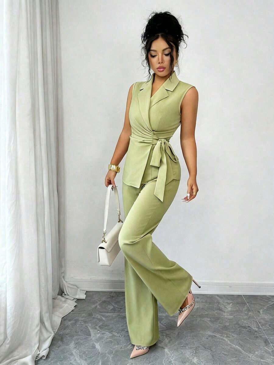 Conjunto elegante y romántico de blazer y corbata de moño para vacaciones y oficina para mujeres - verde menta - Ver 1