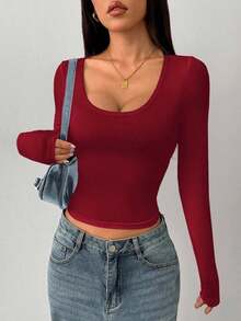 Camiseta de manga larga de ajuste ceñido de unicolor y cuello redondo para mujer, adecuada para verano y otoño/invierno, top azul marino, top de manga larga azul, top azul para mujer, tops ajustados para mujer, top de cuello de pico para mujer - Burdeos - Ver 12