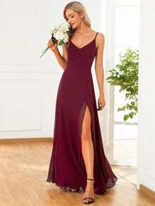 Elegante vestido de noche de unicolor y sexy, vestido de dama de honor con abertura alta y tirantes finos en azul marino, vestido formal para invitados de boda en primavera - Burdeos - Ver 8
