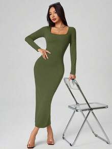 Vestido largo de manga larga con cuello cuadrado color negro sólido ajustado, vestido elegante de manga larga para mujer con cuello cuadrado, ajuste ceñido, manga recta, liso, para uso diario casual en primavera/otoño - Verde militar - Ver 4