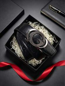 1pc Men's Casual Automatic Buckle Belt With Premium PU Embossed Strap, 120cm Length, Customizable Cut, Multiple Colors Available, Versatile For Business Casual And Daily Wear, Perfect Gift Choice - Multicolor - View 1