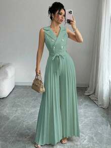Mono plisado con diseño de chaleco cruzado elegante para mujer, color albaricoque, para primavera y otoño - Verde 2 - Ver 1