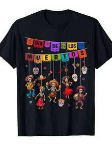 Day Of The Dead T-Shirt For Men And Women - Mexican Folk Print With Sugar Skull, Vibrant Marigold Design, Festive Casual Crew Neck "Skull" Style Set, Machine Washable And Ideal For Dry Cleaning. Comfortable Fit Year-Round, Perfect For Themed Celebrations Or Casual Wear. Includes Dancing Skeletons And Colorful Traditional Mexican Motifs! - 黑色 - 查看 1
