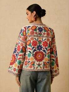 Camisa casual versátil de uso diario con estampado floral y nudo delantero para mujer de talla grande - Multicolor 3 - Ver 4