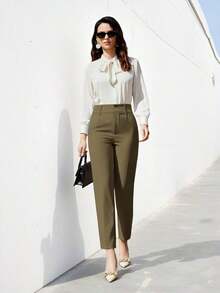 Pantalones de traje sólidos y simples para uso diario de mujer - Verde - Ver 4