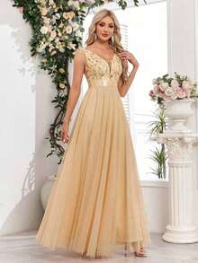 Vestido de dama de honor formal de línea A con escote en V sin mangas, bordado y de malla, vestido de fiesta elegante, vestido de invitado de boda formal, vestido de ceremonia de graduación, vestido de noche de primavera - Dorado - Ver 8