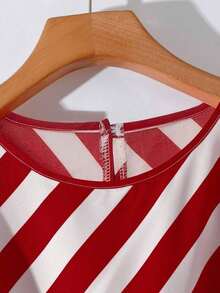 CURVE Blusa de manga corta con volantes y diseño de lazo lateral, de talla grande para mujer, nueva para primavera/verano, elegante y dinámica, con rayas, versátil, de color rojo y blanco, para uso casual y de vacaciones - Rojo - Ver 3
