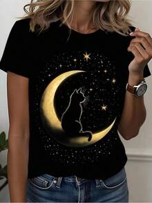 1 Piece Unisex Loose Fit T-Shirt 180g 100% Pure Cotton, Unique Y2K T-Shirt With Black Cat Design On The Golden Moon And Bright Stars, Perfect For Lovers Of Fashion And Mystery, Guaranteed Comfort, Ideal For A Casual And Stylish Look. - 黑色 - 查看 6