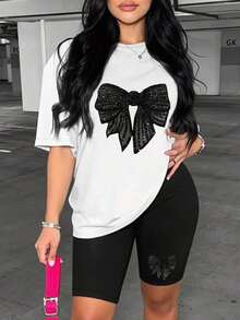 Set de 2 piezas de top y shorts casuales con lentejuelas y lazo para mujer - Blanco - Ver 6