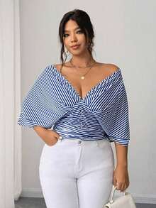 Vestido tipo camisa sin mangas a rayas azul de talla grande, cintura entallada, versátil y elegante - Azul 2 - Ver 5