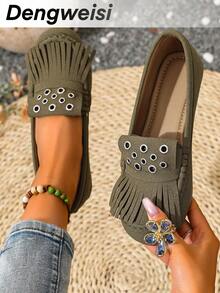 Green Tassel Rivet Decor Flat Round Toe Casual Comfortable Versatile Lightweight Daily Office Vacation Slip-On Shoes For Women, All Season - Olive Green - View 1