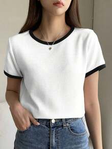 Camiseta básica de mujer de manga corta y cuello redondo, color liso, top de verano - Blanco - Ver 1