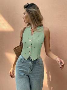 Camisa informal sin mangas para mujer, moda minimalista para uso diario - Verde - Ver 7