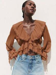 Blusa con botones y mangas con volantes con estampado floral de verano - Marrón - Ver 11