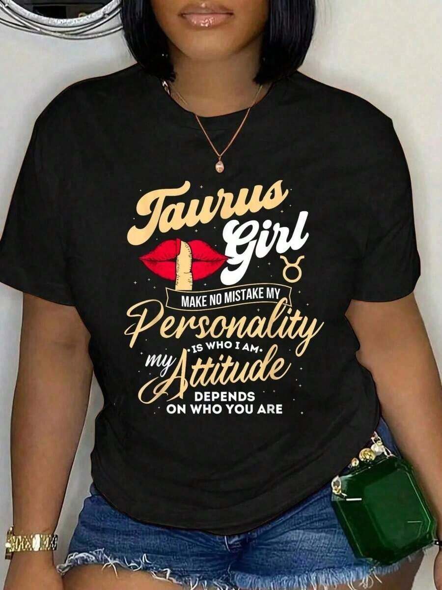 Plus Size Women's Clothing, Casual Short Sleeve T-Shirt With Taurus Zodiac Sign Print, Fun, 200g 100% Pure Cotton, Summer Clothing For Women. - 黑色 - 查看 1