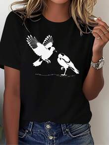 Camiseta de Mujer Estampada con Pájaro Urraca Australiana, Cómoda y Versátil, Manga Corta Casual - Negro - Ver 1