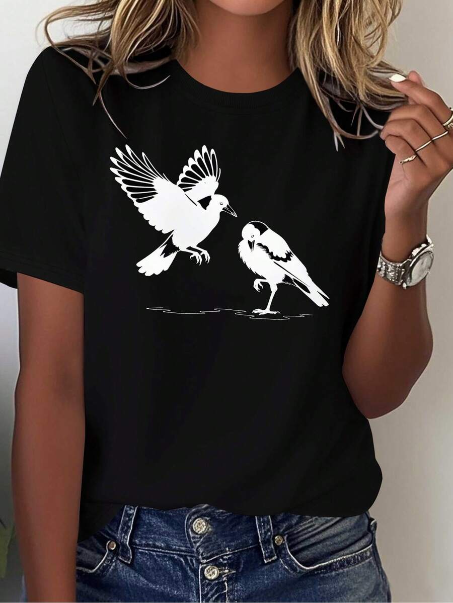 Camiseta de Mujer Estampada con Pájaro Urraca Australiana, Cómoda y Versátil, Manga Corta Casual - Negro - Ver 1