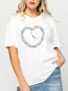 Camiseta de estilo casual para hombre con estampado de reloj en forma de corazón con la palabra amor en colores arcoíris ideal para uso diario en primavera y verano perfecta como regalo para amigos o pareja - Blanco - Ver 2