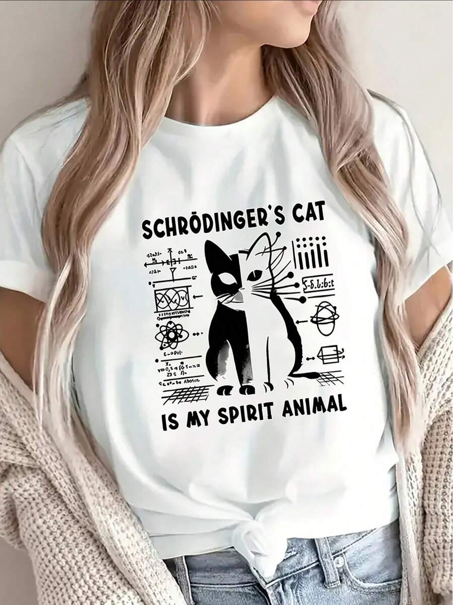 New Short-Sleeved T-Shirt, Lightweight And Durable, Featuring A Graphic Design Of Schrödinger's Cat, Ideal For Casual Wear At Home, In The Office, Or At A Café. A Great Choice For Science Enthusiasts And Lovers Of Fun Style: Unisex Loose-Fitting Cotton T-Shirt With A Crew Neck And Long Sleeves, Urban Vintage Style. - 白色 - 查看 1