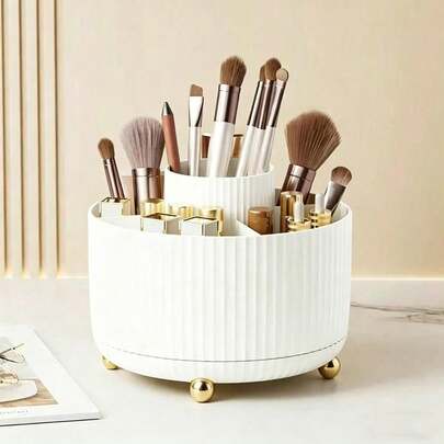 1pc 360° Rotating Makeup Brush Holder, Vanity Organizer Set With 5 Compartment Storage Basket, Mini Organizer Basket For Makeup Brushes, Cosmetics, Lipsticks, Pens, Art Supplies, Office Supplies, Home Decor, Bathroom Accessories