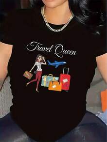 Short-Sleeved Travel T-Shirt, Queen Design | Ideal For Outdoor Adventures, Lightweight And Durable, Perfect For Casual Wear In Restaurants Or Lounges, Comfortable Fit With Stylish Graphic Print, Round Neck, Medium Stretch Fabric, Suitable For Spring, Summer And Autumn. - 黑色 - 查看 7
