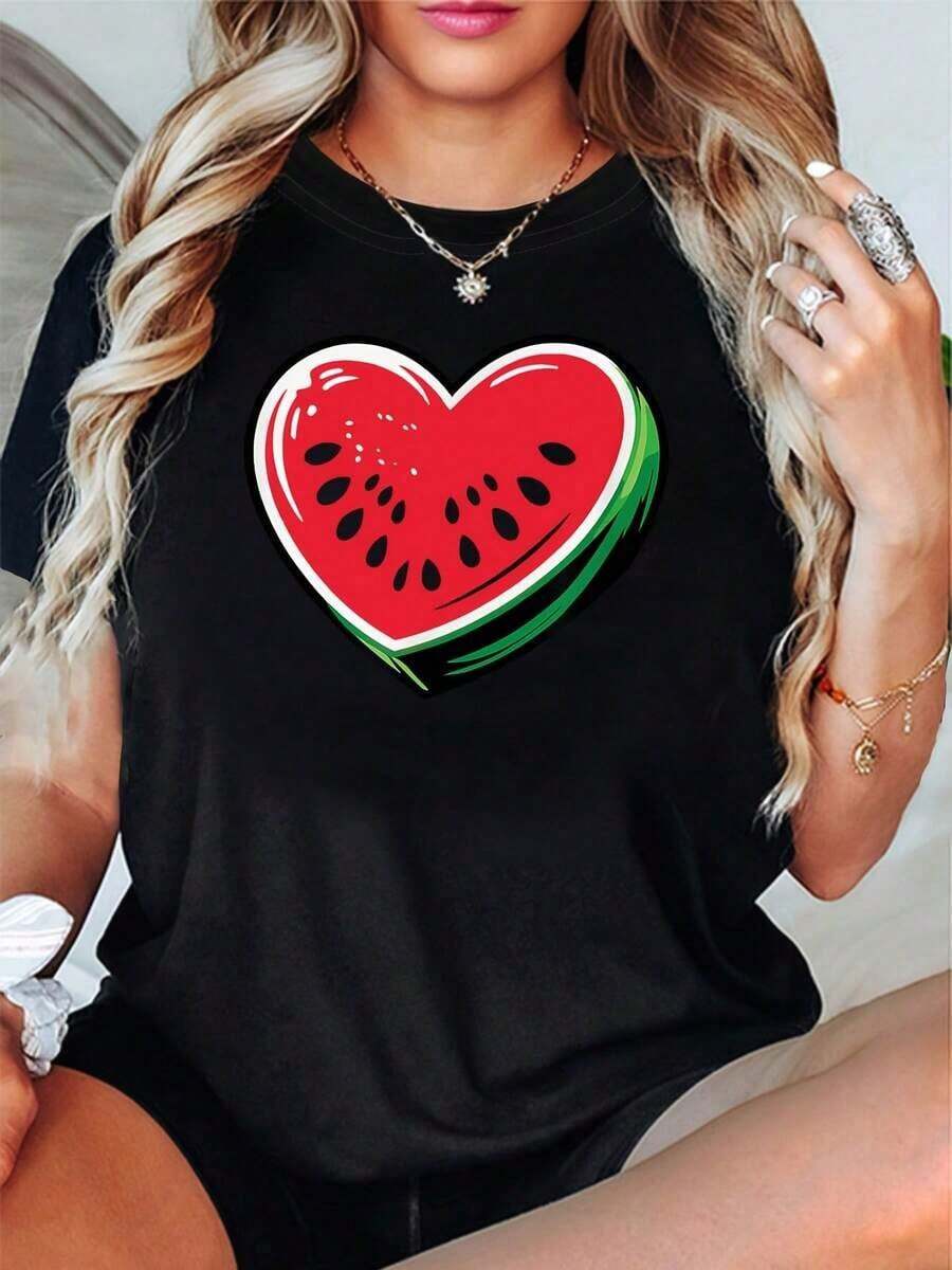 Camiseta Casual para Mujer, Básica, de Cuello Redondo, con Estampado de Corazón y Sandía, para Eventos de Verano y Temporada de Festivales de Frutas, 100% Algodón, Resistente - Negro - Ver 1