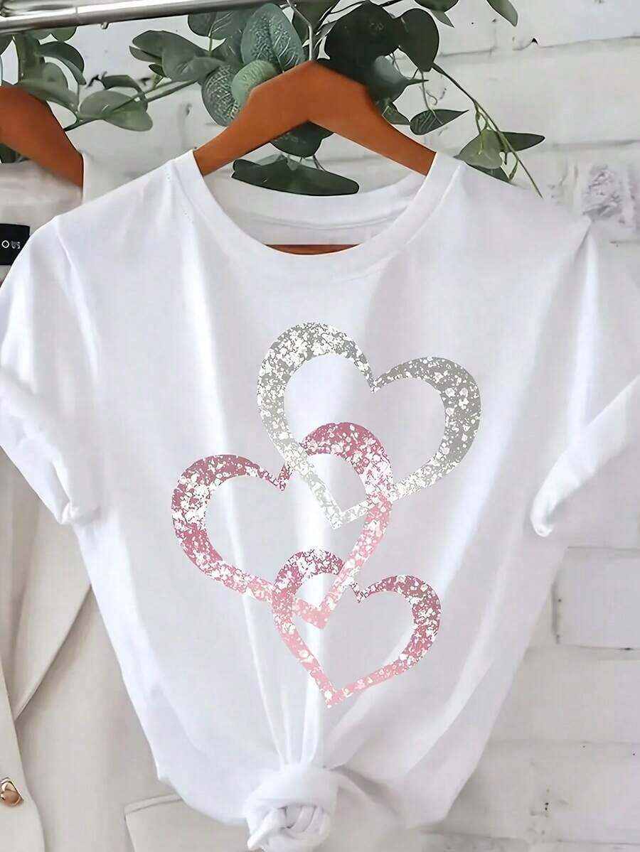 Camiseta transpirable con estampado de corazones rosa plateado, manga corta, cuello redondo, top casual para mujer, primavera/verano, camiseta gráfica, camisetas gráficas para mujer, camiseta de verano, camiseta casual, camisetas de verano, tops, conjuntos de verano para mujer, playeras de mujer algodón, mujer premium. - Blanco - Ver 1