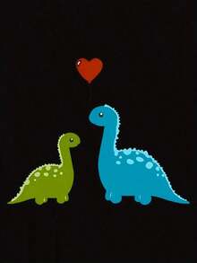 Women's Casual T-Shirt - Short Sleeve Casual T-Shirt With Dinosaur And Heart Balloon Print - Soft, Stretchy, Crew Neck, Summer Top, Machine Washable, Comfortable Fit, Relaxed Style, Fun Design, Printed T-Shirt, Ideal For Fashion Enthusiasts - 100% Cotton - Durable - 黑色 - 查看 3