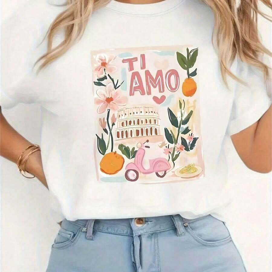 Women's Casual Short Sleeve T-Shirt - Italian Style With TI AMO Print, Pink Scooter, Floral And Fruity, White, 100% Cotton, Durable - 白色 - 查看 1