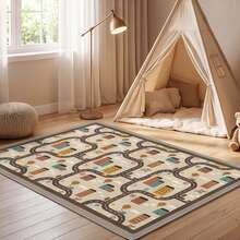 1pc, Cartoon City Road Map Print Faux Cashmere Carpet, Soft Non-Slip Children's Play Mat, Washable Educational Carpet, Suitable For Children's Room, Living Room, Bedroom Decor, Daily All-Season Style, Carpet, Rug, Carpet Living Room, Kitchen Mat, Carpet For Bedroom, Bathroom Mat, Rug Bedroom, Room Decor, Rugs For Living Room, Kitchen Rug, Hallway Runner, Washable Rug, Boho Rug - Multicolor - View 3
