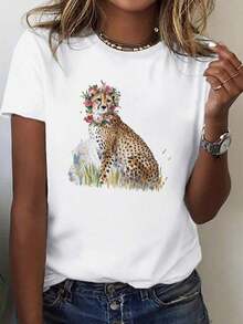 Under The RadarCamiseta Suave para Mujer con Diseño Artístico de Guepardo y Flores - Ajuste Cómodo, Cuello Redondo, Manga Corta, Estilo Casual, Lavable a Máquina 100% Algodón-Vintage Street Style Unisex Loose Cotton Short Sleeve Crew Neck T-Shirt - Blanco - Ver 1