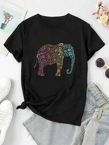 Creative Colorful Abstract Elephant Pattern Printed Women'S Fashion Round Neck Short Sleeve, Simple Casual Sports T-Shirt, Comfortable Summer Top For Holidays. - Black - View 2