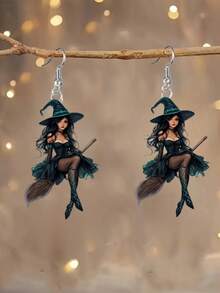 1pc Witch Riding Broom Acrylic Earrings, 2D Flat Design, Stainless Steel Earring Hooks, Suitable For Daily Wear And Parties, Applicable For Anniversary, Thanksgiving, Halloween, Christmas, All Seasons - Black Witch - View 3